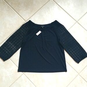 Talbots Navy Blouse w/thick lace sleeves